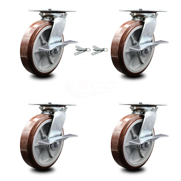 Service Caster 8 Inch Polyurethane Caster Set with Roller Bearing 4 Brake and 2 Swivel Lock SCC SCC-35S820-PPUR-SLB-BSL-2-SLB-2 - main